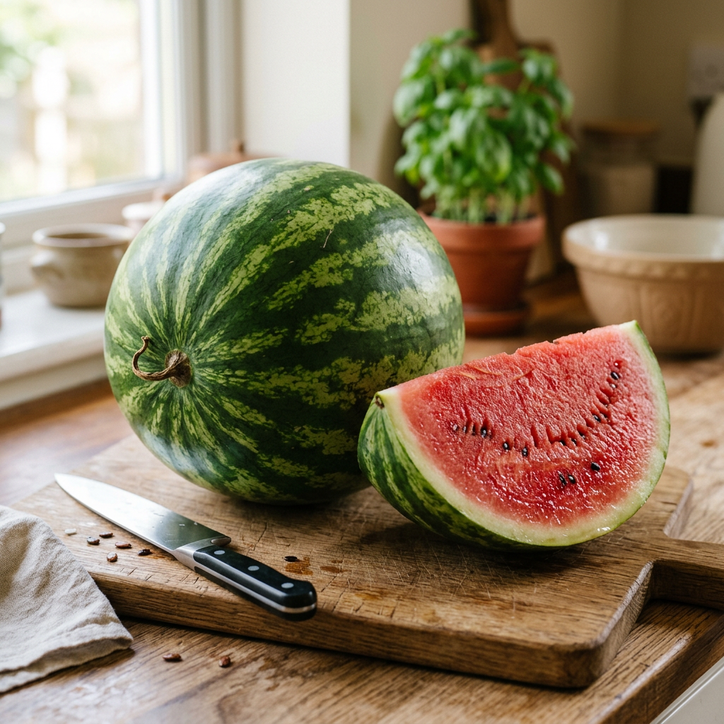 Whole watermelon and a slice on a wooden cutting board with kitchen knife
